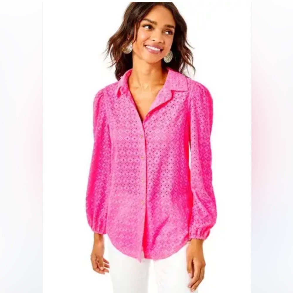 LILLY PULITZER SEA BREEZE EYELET BUTTON DOWN SHIRT PINK ISLE SIZE SMALL